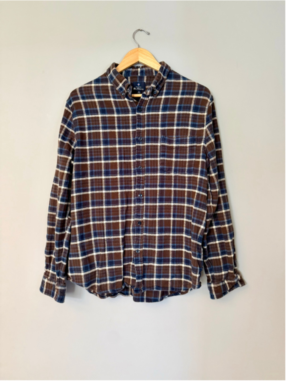 Ben Sherman Flannel Plaid Casual Button Down Shirt XL Brown Blue